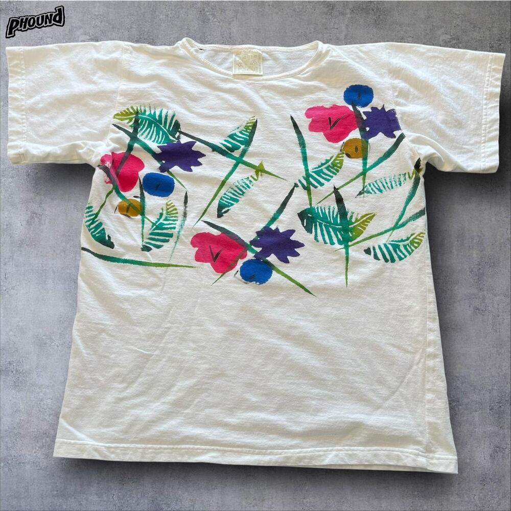Vintage Alegre Shirt Mens Large White Floral Hand Painted Art Graphic 80s 90s